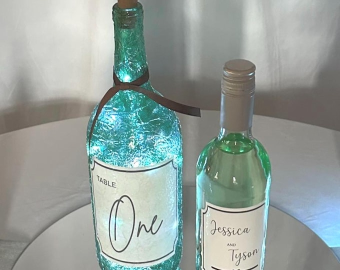 Wedding bottle stickers-champagne bottle sticker-Table number bottle label-you personalize weddings-light up reception table bottle number