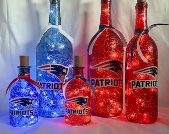 New England Patriots lights. Patriots gifts. New England Patriots man cave. Patriots lighted bottles.