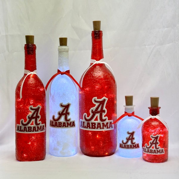 Alabama light up bottles. Alabama Roll Tide lighted bottles. Alabama gift. Alabama wine bottle. Crimson Tide man cave