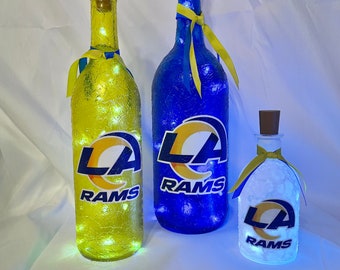 LA Rams lighted bottles. Los Angeles Rams light up bottles. Los Angeles Rams lighted wine bottles. LA Rams gifts