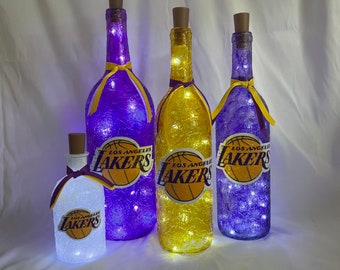 LA Lakers Lighted Bottles. Los Angelos Lakers Lighted Wine Bottles. LA Lakers Light Up Bottles. Lakers Christmas gift