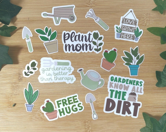 Gardening Sticker Sheet of 15 Garden Theme Vinyl Decals | Set of 15 Assorted Plant Lover Stickers