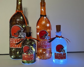 Cleveland Browns lighted bottles. Cleveland Browns lighted wine bottles. Cleveland man cave