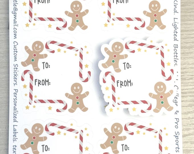 Gingerbread Man Holiday Gift Tag To/From Sticker Sheet of 6 Tags for Presents | Personalization Optional