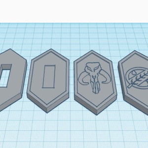 May include: Four grey hexagonal-shaped tokens with different designs. The first two tokens have a rectangular cutout. The third token has a skull and horns design. The fourth token has a circular design with a plant and a spear.