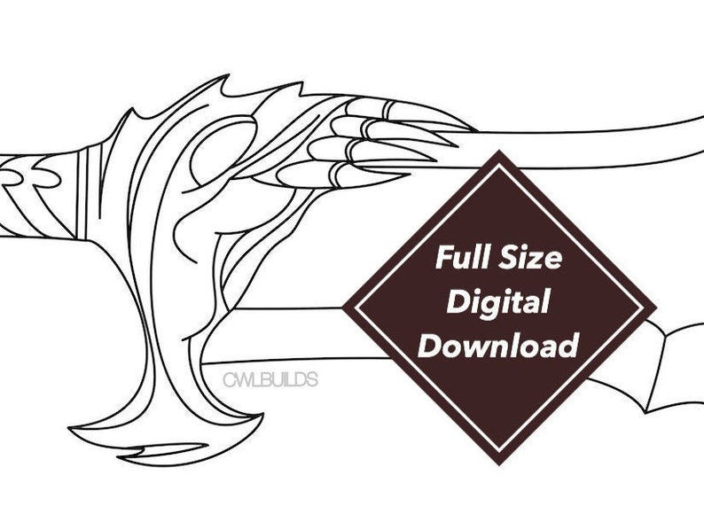 May include: Line art drawing of a sword with a detailed, intricate design. The sword is in a horizontal position with the tip of the blade pointing to the right. The text "Full Size Digital Download" is in a brown diamond shape.