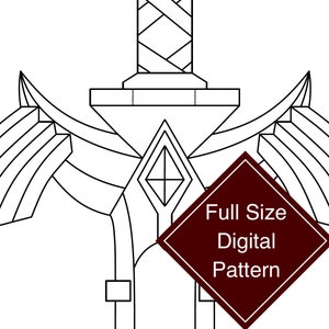 May include: A black and white line drawing of a sword with a diamond-shaped gem in the center. The sword has wings on either side. The text "Full Size Digital Pattern" is in a red diamond shape.