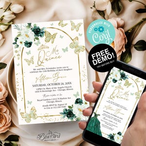 Quinceanera Template Invite with Digital Invite, Emerald Green Butterfly, Sweet 16 Birthday Celebration, Editable Template, Gold Accents