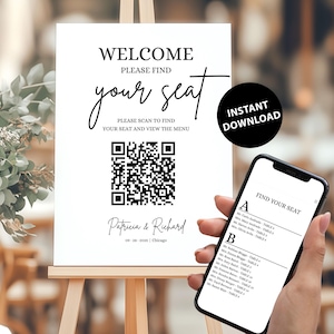 以下が含まれることがあります： 「WELCOME PLEASE FIND your seat」のテキストが書かれた白いウェルカムサインがイーゼルに立てられています。テキストの下にはQRコードがあります。携帯電話には座席表が表示されています。このサインはパトリシアとリチャード用です。