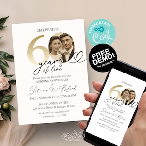 Faire-part d'anniversaire de mariage 60 ans, invitation imprimable, invitation de conception minimaliste, photo personnalisée, 60 ans d'amour, modèle modifiable
