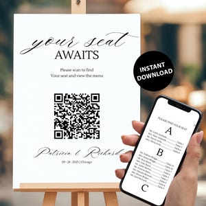 以下が含まれることがあります： イーゼルに立てられた白い看板。テキスト「your seat AWAITS」とQRコードが表示されています。携帯電話には座席表が表示されています。看板にはPatricia & Richardの名前と日付09-28-2025も含まれています。