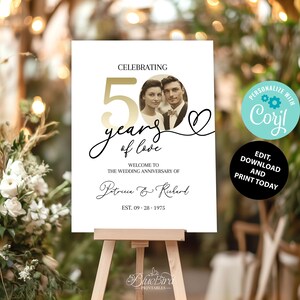 Modern Wedding Sign Bundle, 50th Golden Anniversary Welcome Sign, Printable Photo Celebration, Elegant Party Decor, Fifty Years Marriage