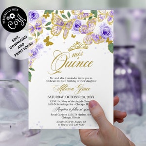 Quinceanera Template Invite with Digital Invite, Butterfly Mis Quince Purple Gold Invitations, Editable 15th Birthday Digital Download