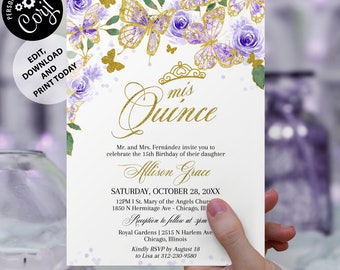 Quinceanera Invitations Butterfly Editable Template - Mis Quince Purple Gold Invitations - 15th Birthday Invitation Digital Instant Download