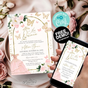 Blush Gold Quinceanera Invitation Bundle: Butterfly Dress, Tiara (Editable Printable Digital Invite)