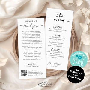 Tarjetas de agradecimiento con código QR y menú de boda, tarjetas de bienvenida para bolsas, imprimibles, decoración de mesa, juego de tarjetas de boda con código QR