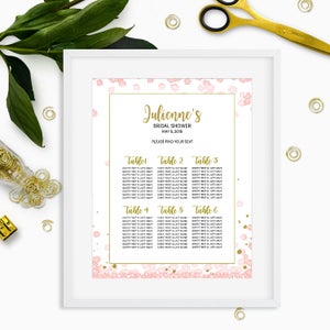 Pink and Gold Bridal Shower Seating Chart-Personalized Floral Bridal Shower Table Seating Sign-DIY Printable Table Plan For Bridal Shower image 1