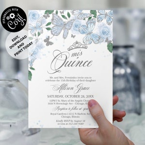 Inviti per Quinceanera a farfalla, modello modificabile, inviti stampabili blu polvere argento Mis Quince, invito digitale per il 15° compleanno