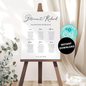 May include: A white wedding seating chart on a wooden easel. The chart features elegant calligraphy with the names "Patricia & Richard" and the text "PLEASE FIND YOUR SEAT." The design includes a "Personalize with Corjl" badge and an "Instant Download" badge.