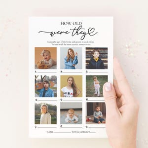 Bridal Shower Game: How Old Were They - Couples Photo Game (5x7 Printable Card)