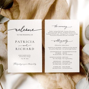 May include: Two wedding programs with elegant calligraphy. The left program reads "welcome" and lists the names Patricia and Richard, with the wedding date and location. The right program details the ceremony and wedding party.