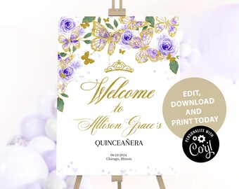 Quinceañera Welcome Sign Beautiful Purple Gold Butterfly and Floral Details - Instant Download Printable Mis Quince Años Party Welcome Sign