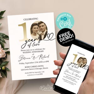 Invitación para el décimo aniversario, invitación para el aniversario de bodas, tarjeta de renovación de votos, celebración de diez años, invitación personalizada para fiesta de aniversario,