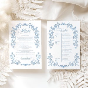 Blue Toile Wedding Welcome Letter Template: French Itinerary Card (Digital Download 5x7 & 8.5x11)