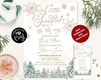 A Little Snowflake Is On The Way Winter Wonderland Snowflakes Baby Shower Invitation Printable Blush Pink Gold Invite for Girl Baby Shower