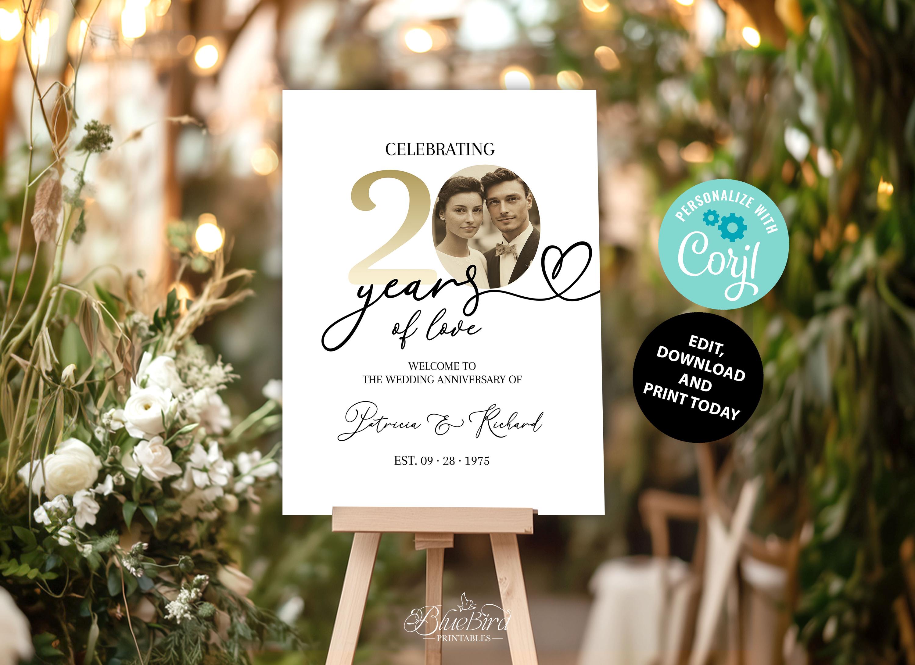 "Hochzeit Willkommensschild, ""20 Jahre"" Jahrestag Foto Zeichen, moderne druckbare Feier Dekor."