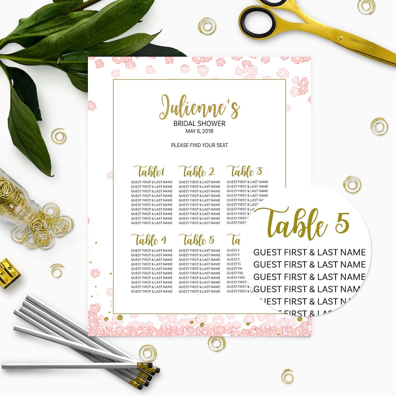 Pink and Gold Bridal Shower Seating Chart-Personalized Floral Bridal Shower Table Seating Sign-DIY Printable Table Plan For Bridal Shower image 3