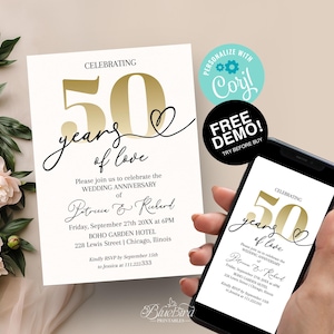 "50. Jahrestag der Einladung zum Hochzeitstag, elegante Feier, digitale Vorlage zum ausdrucken, sofort verfügbar."