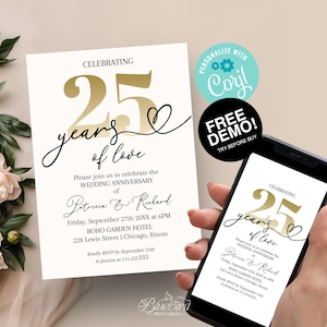 Invitación de aniversario de bodas número 25, tarjeta de aniversario imprimible, diseño minimalista, caligrafía elegante, invitación digital para fiesta de aniversario