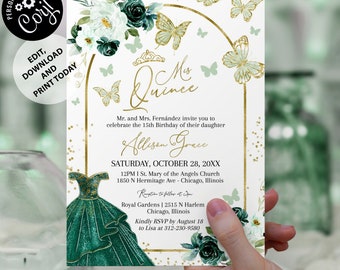 Quinceanera Invitation Template Editable Quinceanera Invitations Emerald Green Gold Butterfly Quinceanera Invites Elegant Quince Invitations