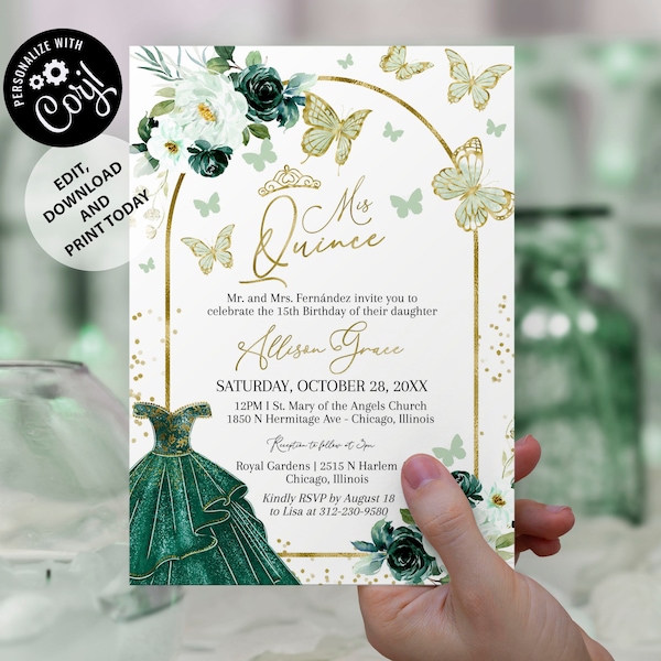 Quinceanera Invitation Template Editable Quinceanera Invitations Emerald Green Gold Butterfly Quinceanera Invites Elegant Quince Invitations