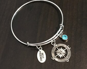 Compass Bangle Bracelet Compass Bracelet Bronze Compass Charm Bracelet Compass Jewelry Patina Pendant Bracelet Personalized Initial Bracelet
