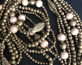 Vintage glass beads. Flapper necklace. Brass and cream coloured glass beads. Vintage necklace. Vintage jewellery.
