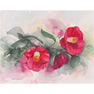 Camellia flower watercolor giclee print featuring Camellia Japonica Triumph.   Available in 8x10, 9x12, 11x14, 16x20, and 18x24.