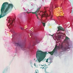 May include: Watercolor painting of a floral arrangement in a decorative vase. The bouquet features large, vibrant red and pink flowers with yellow stamens, and white and pink blossoms. Green leaves and stems add contrast.