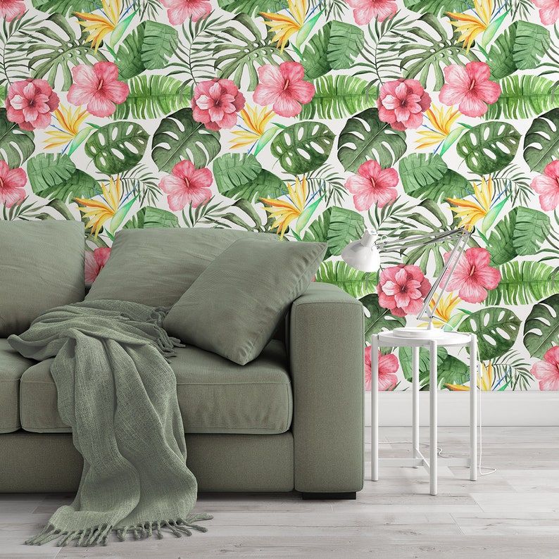 Floral Hibiscus Peel and Stick Wallpaper Panel Tropical Wallpaper Removable Wallpaper Self Adhesive Roll Palm Leaves Wallpaper 521
