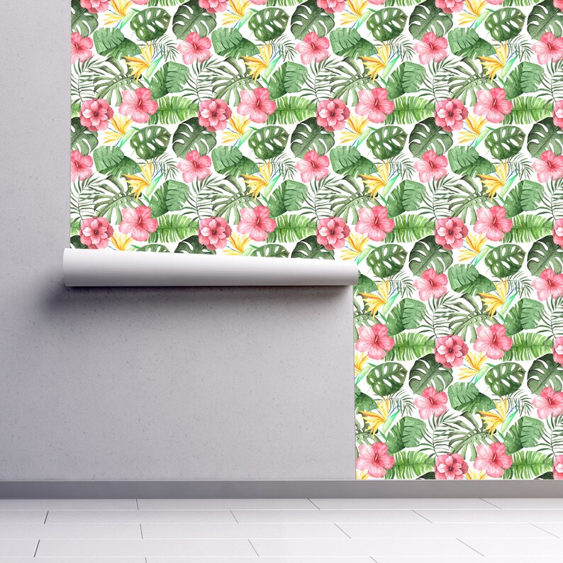 Floral Hibiscus Peel and Stick Wallpaper Panel Tropical Wallpaper Removable Wallpaper Self Adhesive Roll Palm Leaves Wallpaper 521
