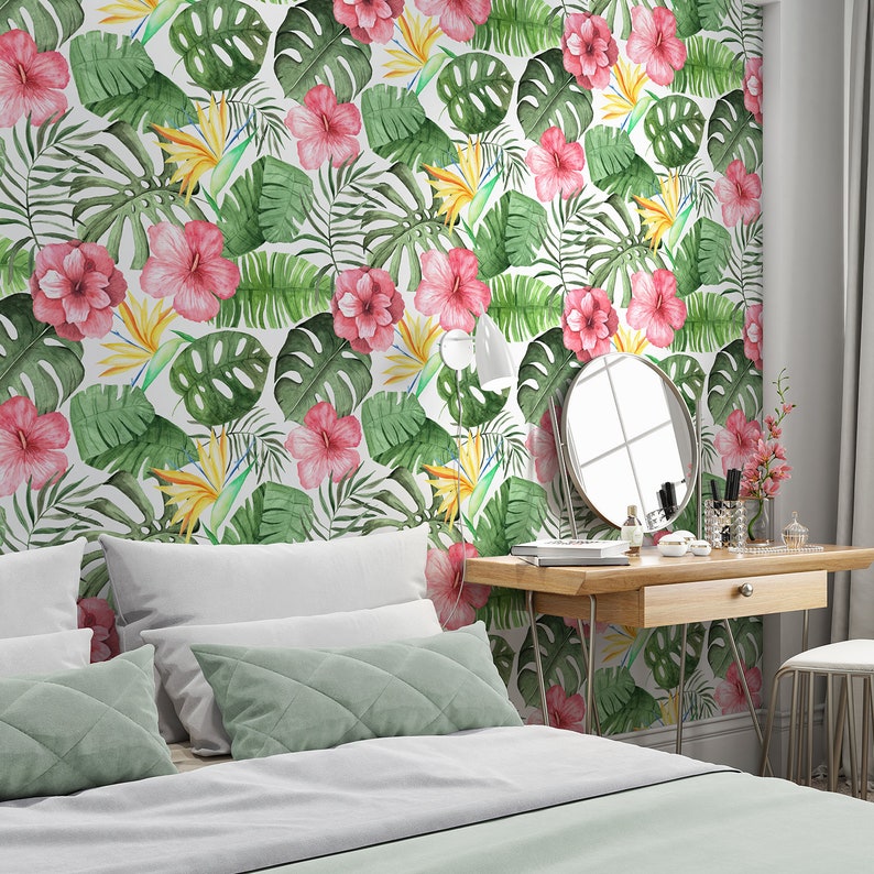 Floral Hibiscus Peel and Stick Wallpaper Panel Tropical Wallpaper Removable Wallpaper Self Adhesive Roll Palm Leaves Wallpaper 521