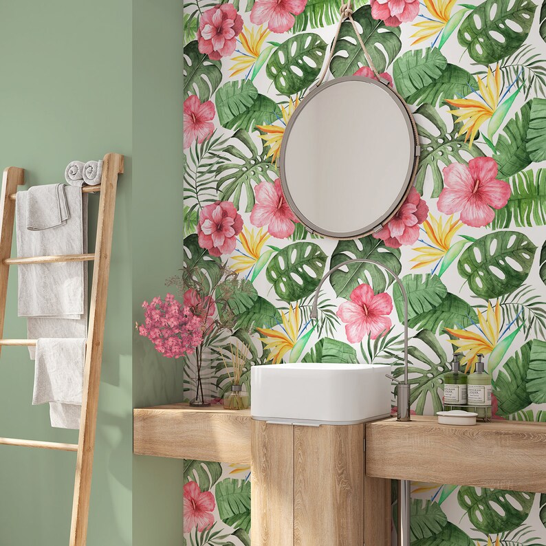 Floral Hibiscus Peel and Stick Wallpaper Panel Tropical Wallpaper Removable Wallpaper Self Adhesive Roll Palm Leaves Wallpaper 521