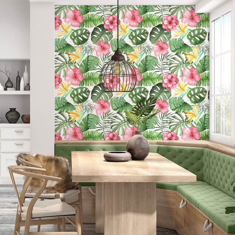 Floral Hibiscus Peel and Stick Wallpaper Panel Tropical Wallpaper Removable Wallpaper Self Adhesive Roll Palm Leaves Wallpaper 521