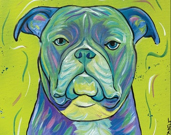 May include: A colorful painting of a bulldog's face. The dog's fur is painted in shades of blue, green, and purple. The background is a bright green color. The painting is titled "PET PORTRAITS by EXHIBITED".