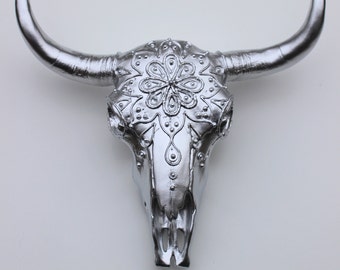 Beautiful Metallic Silver Faux Cow Skull with Raised Textured Mandala Pattern
