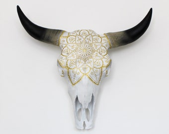 Beautiful Hand Painted Faux Cow Skull with Gold Mandala - 3 sizes available