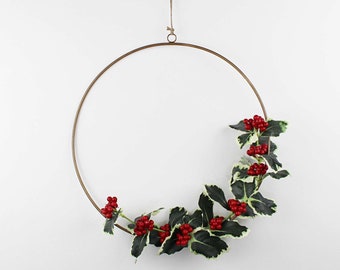 Faux Variegated Holly w Berries Wreath 3 sizes Floral Brass Hoop
