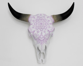 Beautiful Hand Painted Faux Cow Skull with Purple Lilac Mandala - 3 sizes available