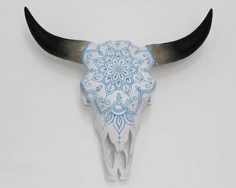 Beautiful Hand Painted Faux Cow Skull with Light Blue Mandala - 3 sizes available